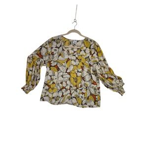 Cabi‎ Floral V-Neck Blouse Floral Yellow Orange White Smocked Cuff XXL Boho Cute
